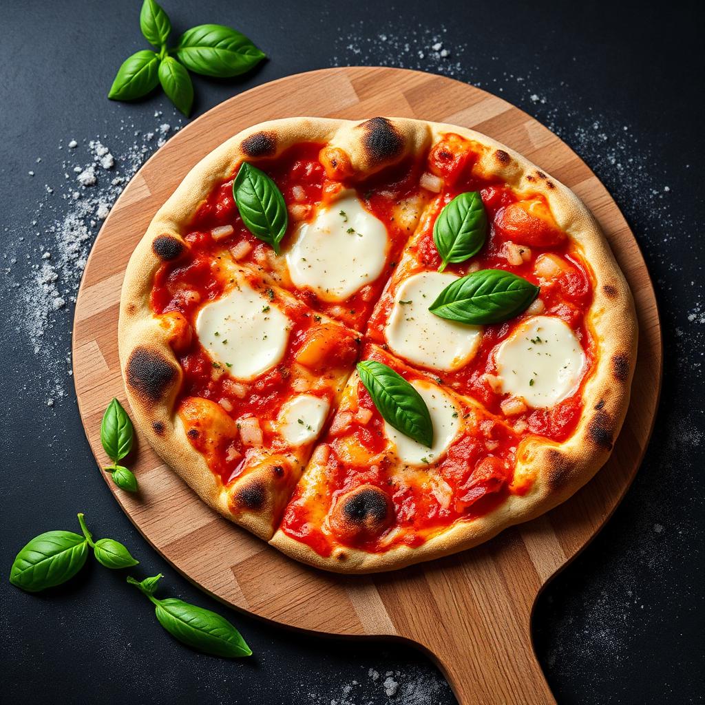 Pizza margarita në dërrasë druri